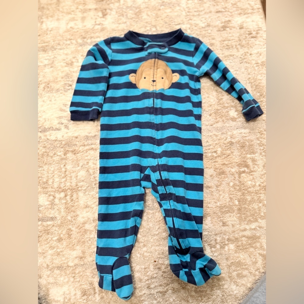 Child of Mine Navy and Blue Striped Footie with Monkey size 3/6M